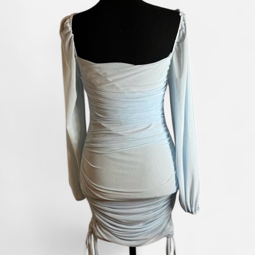 Baby Blue Ruched Mini Bodycon Dress with Bishop Sleeves Size Small - Picture 3 of 4